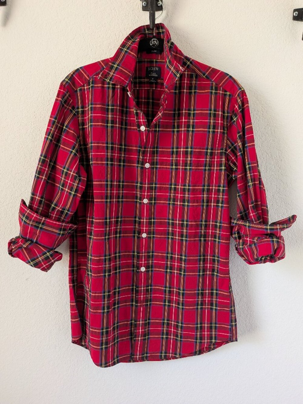 NWOT - J Crew Flex Washed Mens Small Red Tartan Plaid Slim Fit Button Down Shirt